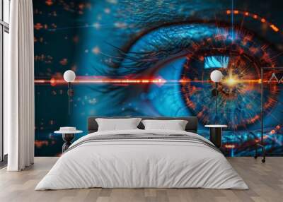 Laser vision correction. Close-up of a female eye with laser beam aimed at the pupil. Ophtalmology concept Wall mural