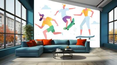 Man and woman characters skateboarding, roller skates, fitness. Active people in the park. Summer outdoor.  Flat vector concept illustration Wall mural