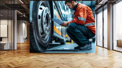 mechanic is Checking the bus Safety Maintenance Checklist. Inspection public transport Safety. Wheels and Tires. Wall mural