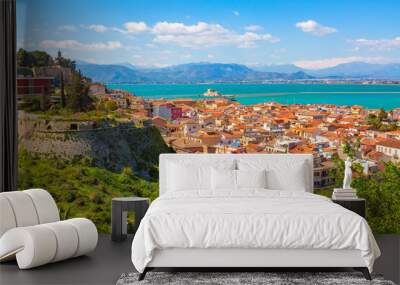 Nafplio or Nafplion, Greece, Peloponnese old town houses aerial panorama and snow mountains Wall mural