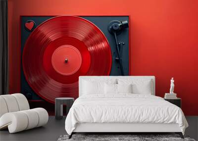 Old gramophone player with a red vinyl record and a heart. Concept of love for music. Retro style. Wall mural