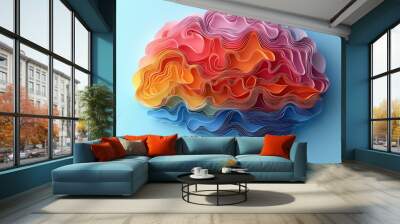 Paper-cut brain on blue background. Mental health concept Wall mural