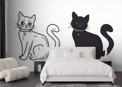 Beautiful black witch cat sitting with big green eyes and collar on white background. Hand drawn vector sketch illustration in doodle engraved vintage line art style. Happy Halloween, trick or treat. Wall mural