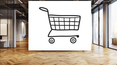 Empty shopping cart in black isolated on white background. Hand drawn vector sketch illustration in doodle engraved line art vintage style. Concept of market shop store equipment for making purchases Wall mural