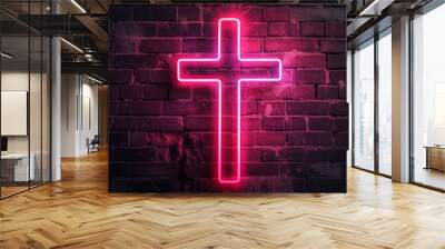 Red neon light shaped into Christian cross attached on black brick wall. Wall mural