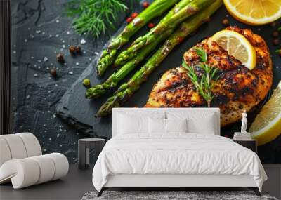 roasted chicken meat and grilled asparagus, top view Wall mural