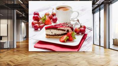 Cake and cup of coffee. Still-life with dessert and fruit and a red napkin on a light background Wall mural