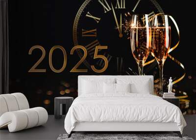 Happy New Year! A golden bucket with champagne, two glasses and a golden serpentine against the background of a clock face. Wall mural