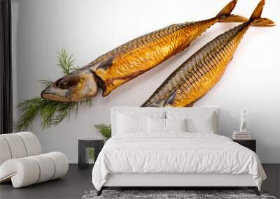 Mackerel. Two hot smoked mackerel fish on white background Wall mural