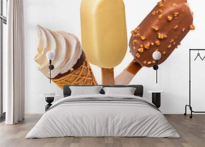 PNG. Ice cream in glaze on wooden sticks and ice cream in a waffle cup. Isolate on a white background Wall mural