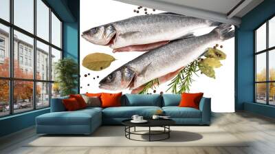 PNG. Sea bass fish. Two peeled raw sea bass, spices and rosemary branches on a white background Wall mural