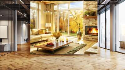 Modern living room with fireplace. Wall mural