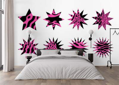 Set of abstract different shapes of stars with animal skin texture. Hot pink figures with black patterns. Collection for memphis, y2k. Vector illustration for retro style. Wall mural