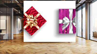 Set of Gift Boxes. Present with Ribbon and Bow. Design Element for Discount Voucher or Sale Coupon Template. Christmas Decoration. Isolated on White. Wall mural