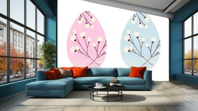 Set of two Easter eggs with pattern of cherry branches entangled with thin threads in trendy shades Wall mural