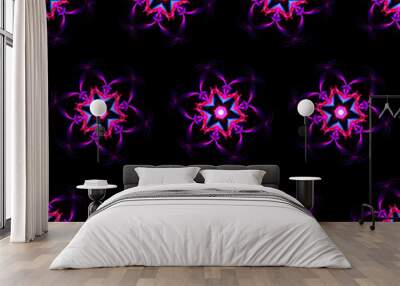 Illustration raster seamless pattern of mandalas in shiny glowing lilac color on dark black background. High quality illustration Wall mural