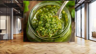 Traditional italian sauce pesto with green basil in wooden bowl isolated on white background Wall mural