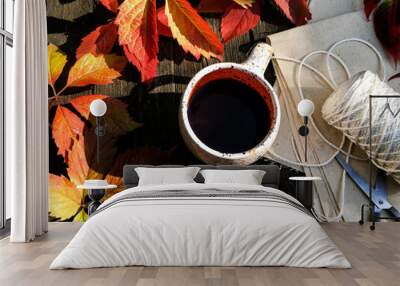 up of coffee with autumn leaves Wall mural