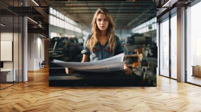 Woman using printer while working in print shop. Female printshop worker using printing device. Wall mural