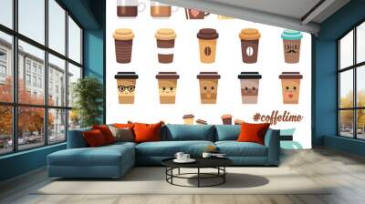 Cute coffee icons set Wall mural