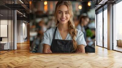 A confident chef smiles warmly while serving delicious dishes in a bustling downtown eatery during dinner time. Generative AI Wall mural