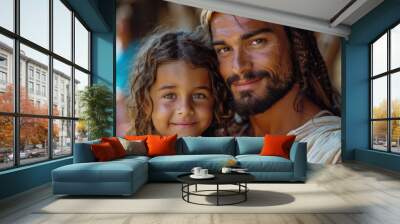 A joyful moment between a father and daughter in a sunlit village, capturing love and connection under the warm glow. Generative AI Wall mural