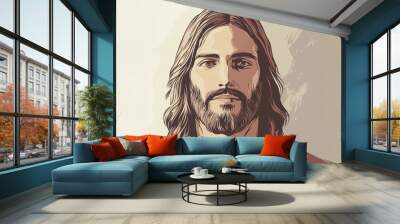 A serene portrait of a man with long hair and a beard, reflecting peace in a soft pastel background. Generative AI Wall mural