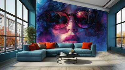 A Woman's Gaze Through Rose-Tinted Sunglasses in a Digital Dreamscape. Generative AI Wall mural