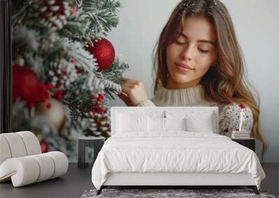 A young woman joyfully decorating a festive Christmas tree in a cozy indoor setting during winter. Generative AI Wall mural