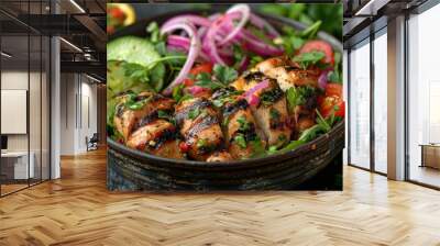 Grilled chicken salad with vibrant vegetables and herbs served in a rustic bowl on a dark stone backdrop. Generative AI Wall mural