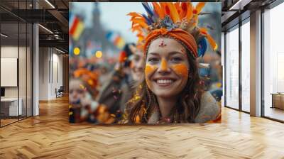 Joyful celebration of culture with vibrant costumes and decorations during a festive parade in a lively city street. Generative AI Wall mural