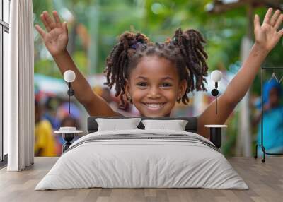 Joyful child wearing a yellow dress raises hands in celebration amidst a vibrant community gathering. Generative AI Wall mural