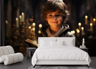 portrait of a boy in church reading the holy bible Wall mural