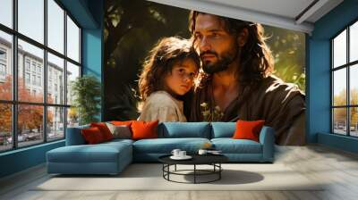 portrait of Jesus Christ of Nazareth jesus with little girl in arm Wall mural