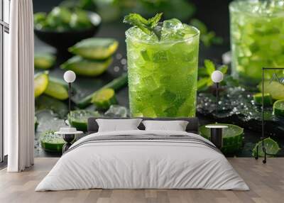 Refreshing green drink garnished with mint served in chilled glasses against a dark background. Generative AI Wall mural