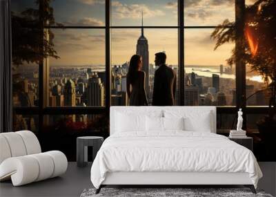 silhouette of a couple looking from window city sunset Wall mural