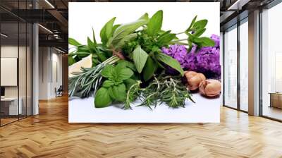 Bouquet of lavender, rosemary, basil, thyme. Provence. Branches of lavender. France. Lavender flowers. Bouquet of herbs. Provencal herbs. cooking Wall mural