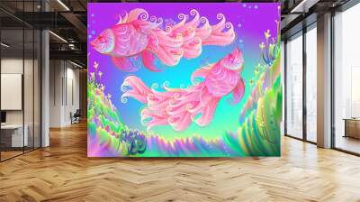 Abstract fantasy background in fairyland underwater environment with couple of two pink fishes, vector image. Wall mural