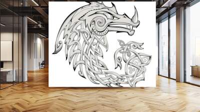 Abstract illustration of dragons head. Digital drawing with Celtic knot decoration. Fantasy hand-drawn vector. Modern print for fashionable fabric, textile, decoration, embroidery, tattoo. Wall mural