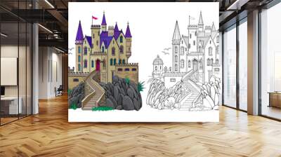 Colorful and black and white template for coloring. Fantasy illustration of a medieval French castle. Ancient architecture. Worksheet for coloring book for children and adults. Flat cartoon vector. Wall mural