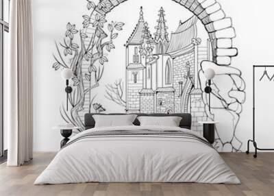 Illustration of ancient medieval castle. Fairyland kingdom. Black and white page for kids coloring book. Worksheet for drawing and meditation for children and adults. French architecture. Vector image Wall mural