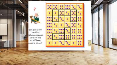 Logic puzzle for children and adults. Can you draw the lines between squares so there are 21 different domino pieces? Educational game. Page for kids brain teaser book. Task for attentiveness. Wall mural