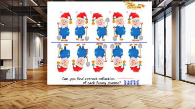 Logic puzzle game for children and adults. Can you find correct reflection of each funny gnome? Brain teaser book. Developing children spatial thinking. Task for attentiveness. Vector illustration. Wall mural