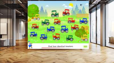 Logic puzzle game for children and adults. Find two identical tractors. Page for kids brain teaser book. Memory exercises for seniors. Developing spatial thinking. IQ test. Play online. Vector image. Wall mural