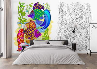 Page for coloring book. Illustration of two cute fishes. Fantasy underwater life. Online education. Animals for kids. Printable worksheet for drawing and meditation for children and adults. Wall mural