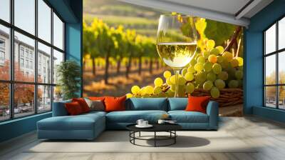  glass of wine against the background of a vineyard Wall mural