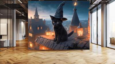 black kitten in a witch's hat sits on the roof of the house next to candles at night against the backdrop of the panorama of the old city. halloween cat Wall mural