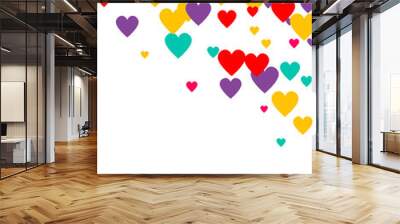 Candy of red, yellow, blue and purple hearts on a white background. Flying confetti from hearts. Valentine's day card. Wall mural