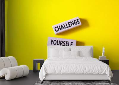 Challenge yourself symbol. Wooden blocks with words Challenge yourself. Beautiful yellow background. Business and Challenge yourself concept. Copy space. Wall mural