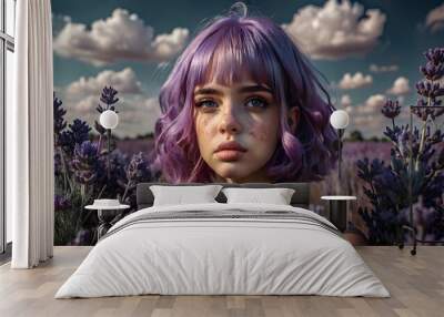 Close up view of beautiful girl with curly purple hair amidst swath of blooming lavender flowers Wall mural